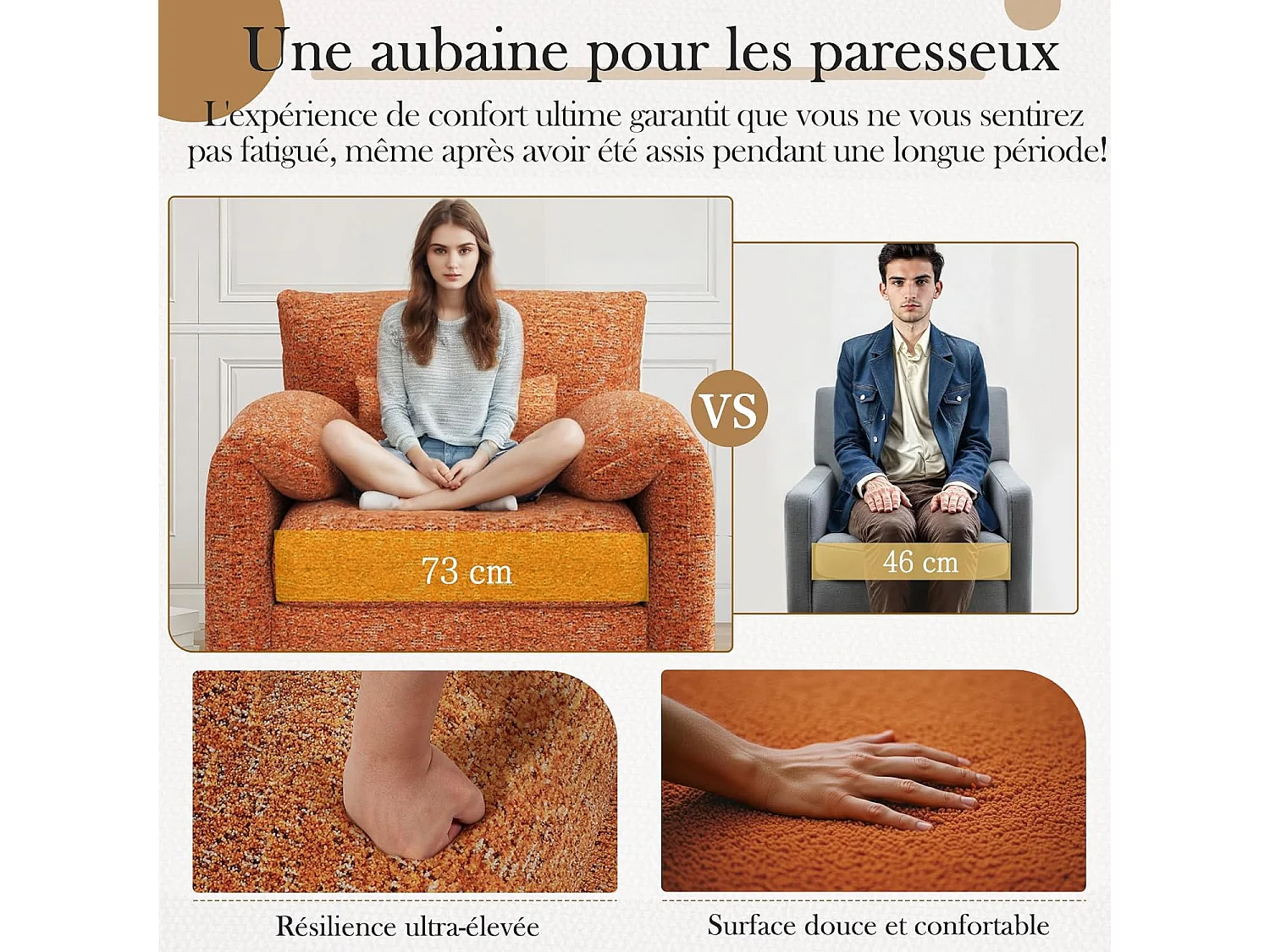 YODOLLA Fauteuil Grand Format Confortable - Fauteuil Salon en Chenille - Orange - 92 x 75 x 72cm