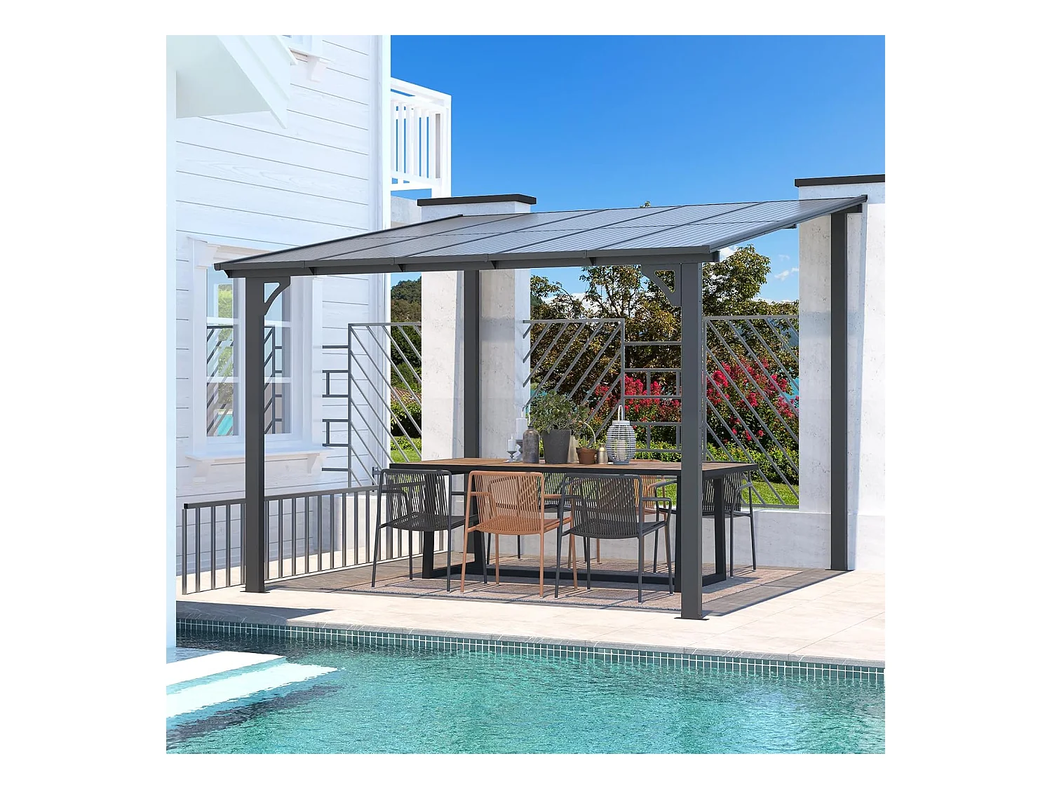 YODOLLA Pergola Murale en Aluminium et Polycarbonate - Résistante aux intempéries - 3 x 3m - Gris