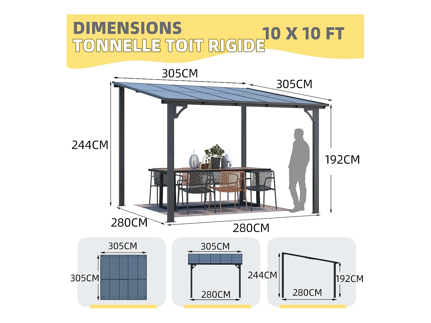 YODOLLA Pergola Murale en Aluminium et Polycarbonate - Résistante aux intempéries - 3 x 3m - Gris
