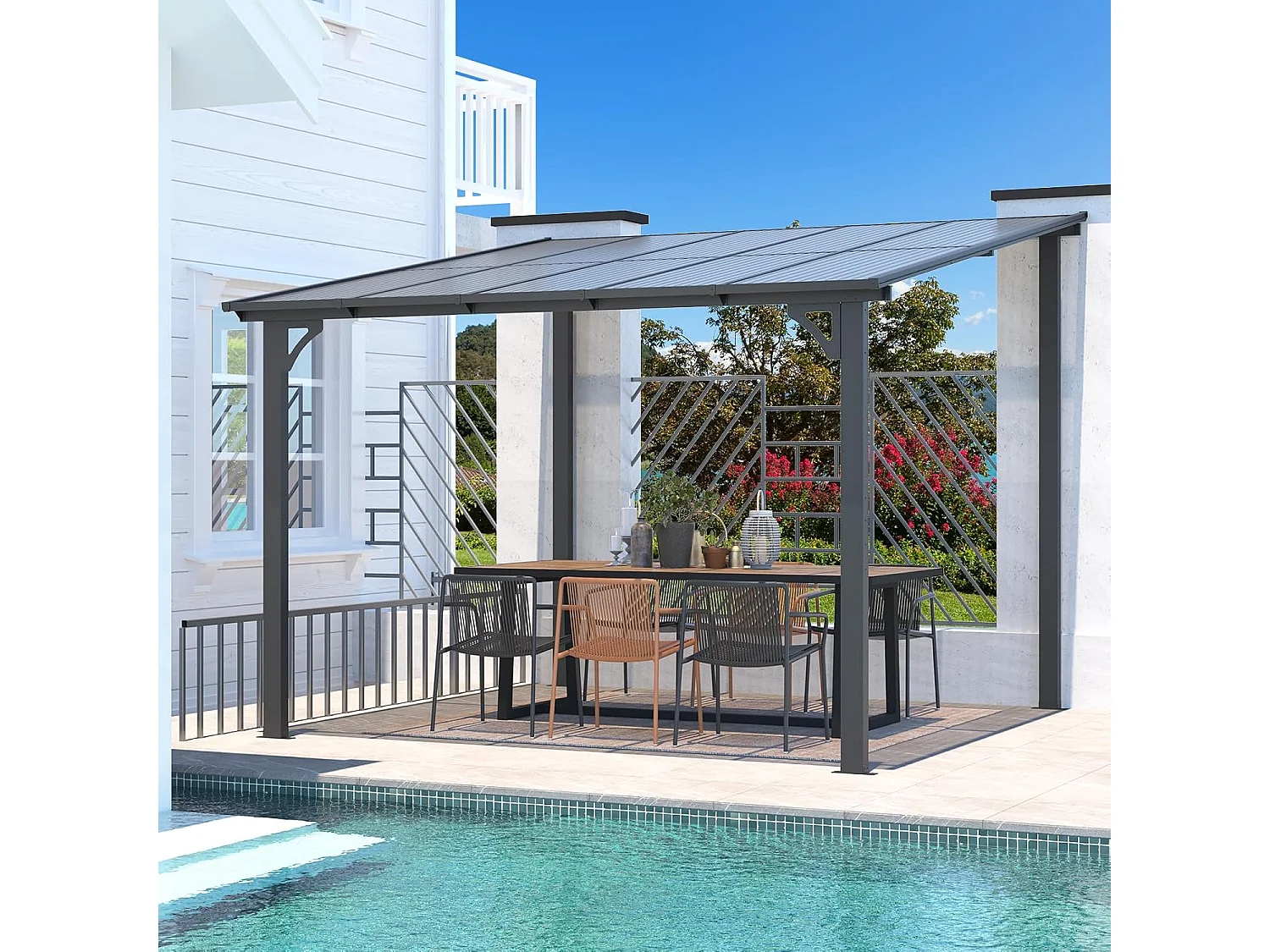 YODOLLA Pergola Murale en Aluminium et Polycarbonate - Résistante aux intempéries - 3 x 3m - Gris