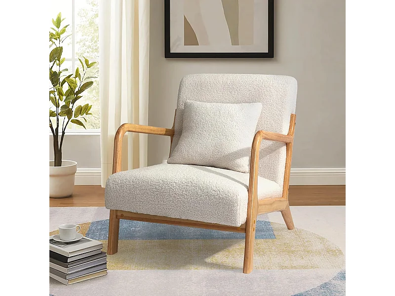 Fauteuil Lounge en Tissu Teddy Blanc - Structure Bois Hévéa - Assise Profonde et Accoudoirs