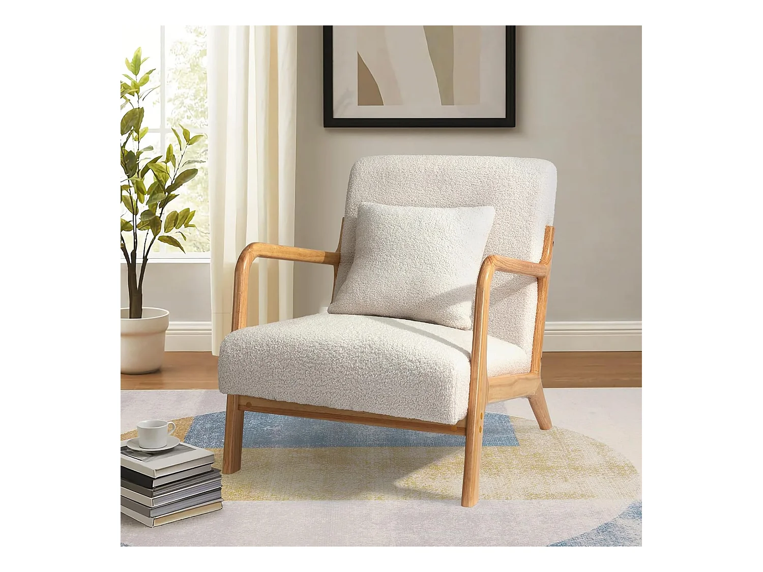 Fauteuil Lounge en Tissu Teddy Blanc - Structure Bois Hévéa - Assise Profonde et Accoudoirs