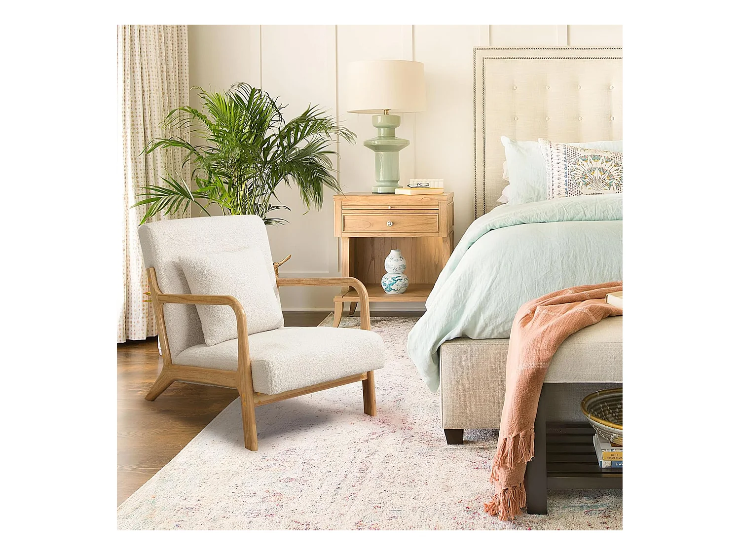 Fauteuil Lounge en Tissu Teddy Blanc - Structure Bois Hévéa - Assise Profonde et Accoudoirs