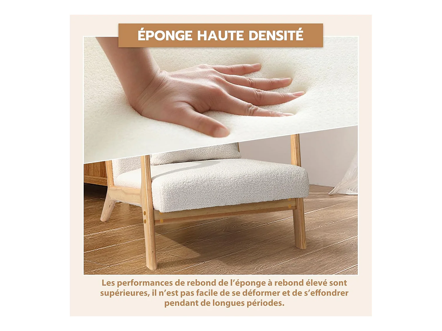 Fauteuil Lounge en Tissu Teddy Blanc - Structure Bois Hévéa - Assise Profonde et Accoudoirs