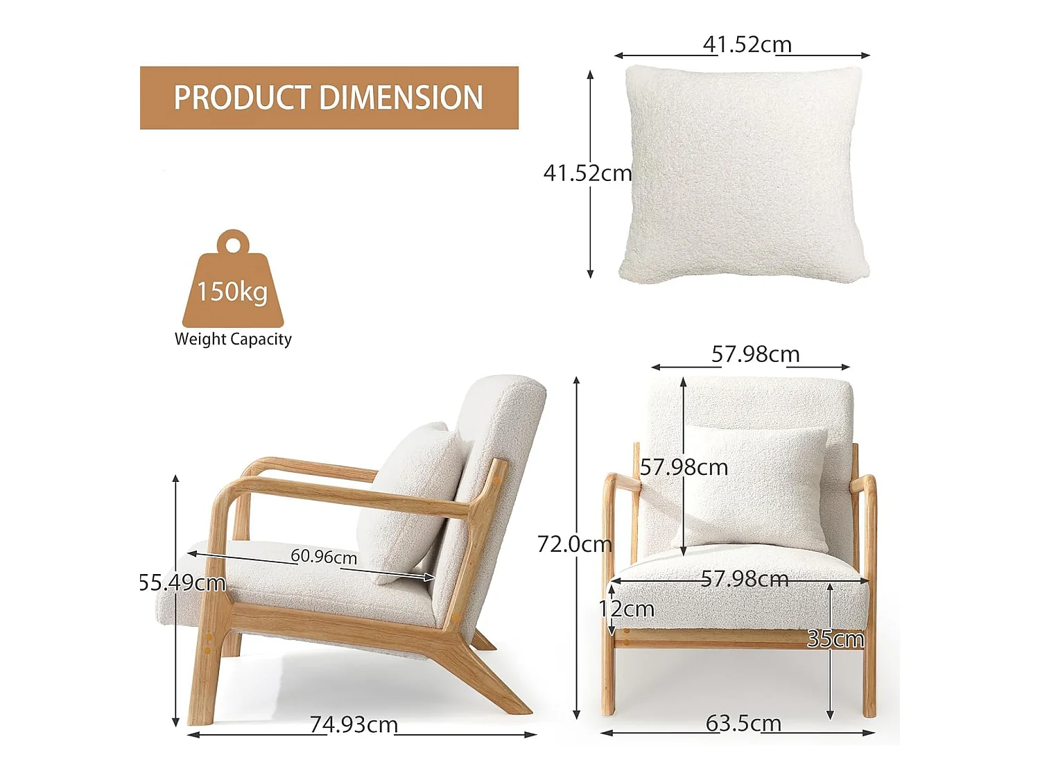 Fauteuil Lounge en Tissu Teddy Blanc - Structure Bois Hévéa - Assise Profonde et Accoudoirs