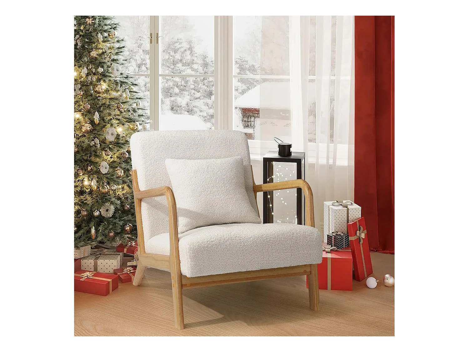 Fauteuil Lounge en Tissu Teddy Blanc - Structure Bois Hévéa - Assise Profonde et Accoudoirs