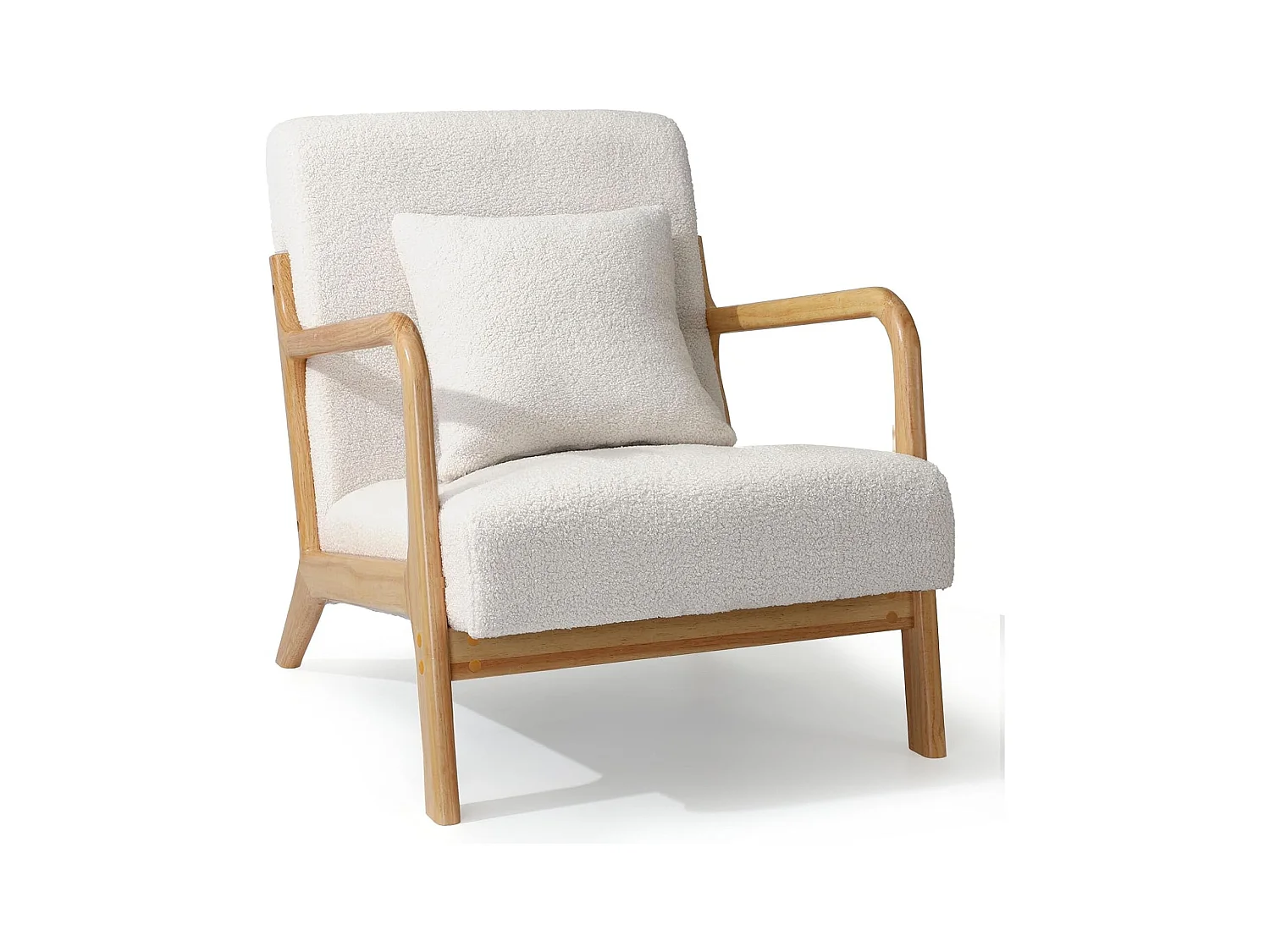 Fauteuil Lounge en Tissu Teddy Blanc - Structure Bois Hévéa - Assise Profonde et Accoudoirs