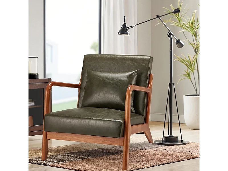 Fauteuil Lounge en Cuir Simili Vert - Structure Bois Hévéa - Assise Profonde et Accoudoirs