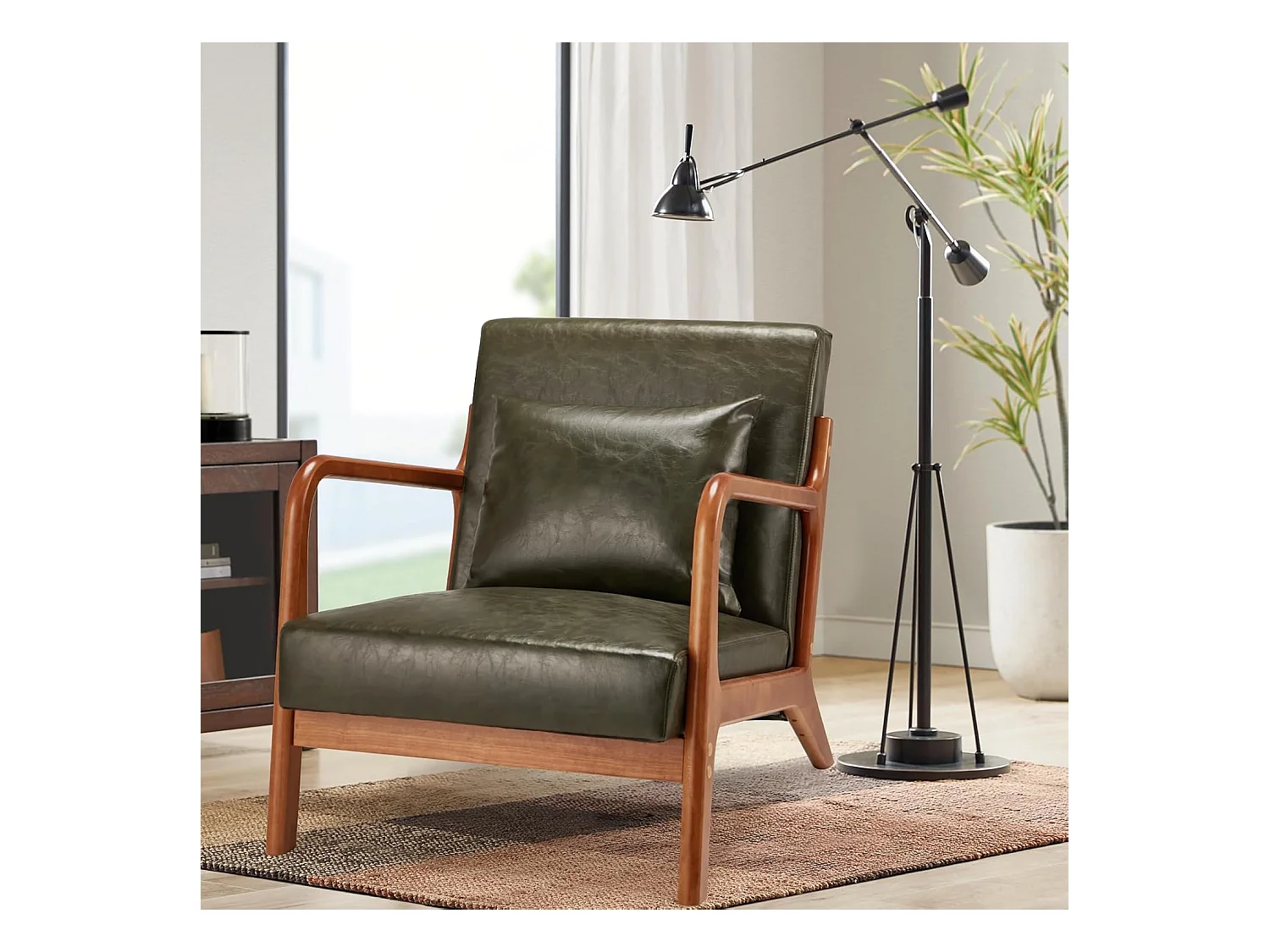 Fauteuil Lounge en Cuir Simili Vert - Structure Bois Hévéa - Assise Profonde et Accoudoirs