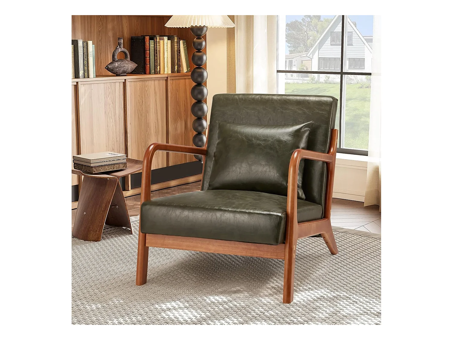 Fauteuil Lounge en Cuir Simili Vert - Structure Bois Hévéa - Assise Profonde et Accoudoirs