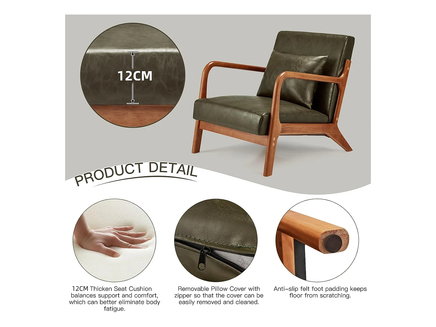 Fauteuil Lounge en Cuir Simili Vert - Structure Bois Hévéa - Assise Profonde et Accoudoirs
