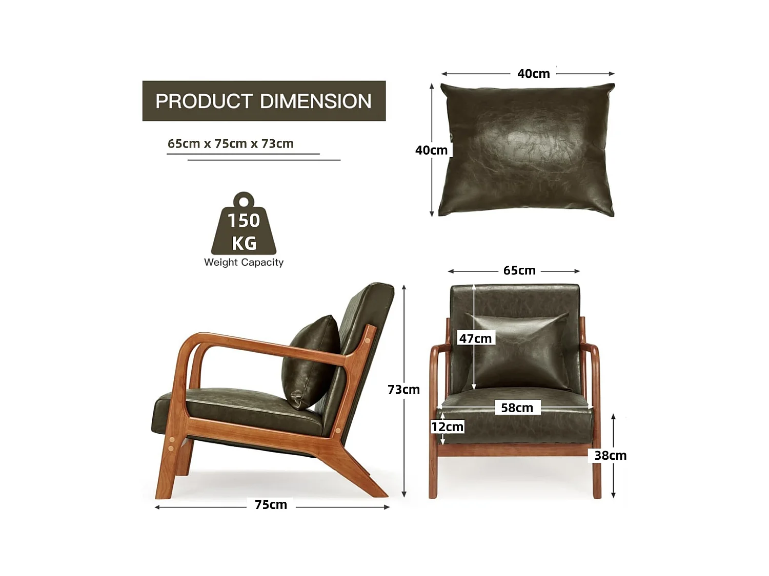 Fauteuil Lounge en Cuir Simili Vert - Structure Bois Hévéa - Assise Profonde et Accoudoirs