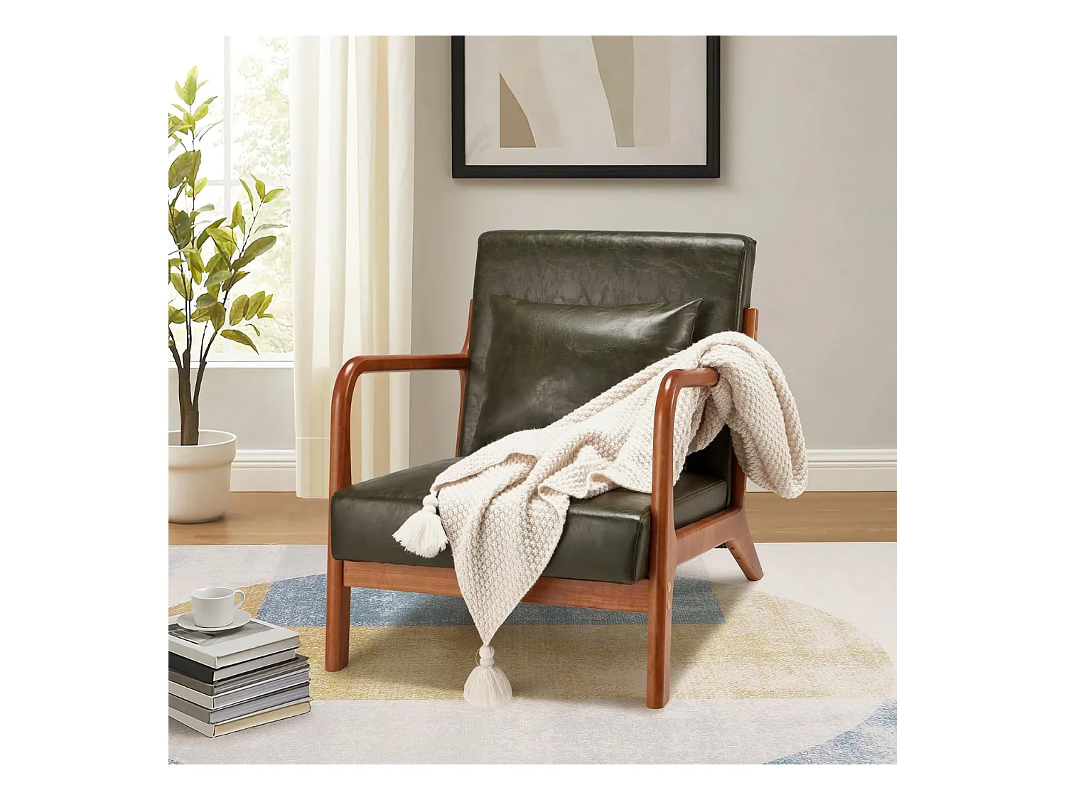 Fauteuil Lounge en Cuir Simili Vert - Structure Bois Hévéa - Assise Profonde et Accoudoirs