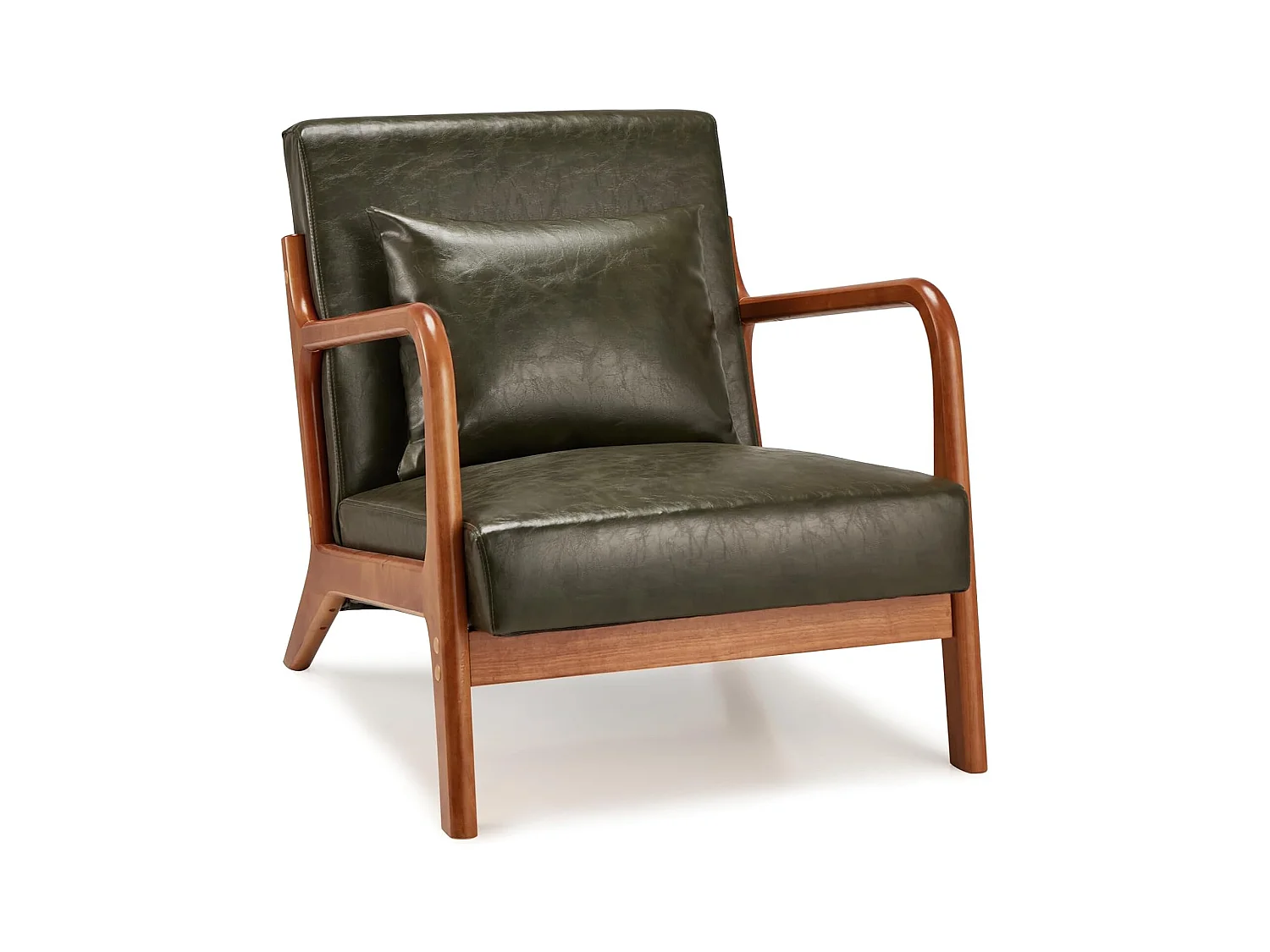 Fauteuil Lounge en Cuir Simili Vert - Structure Bois Hévéa - Assise Profonde et Accoudoirs