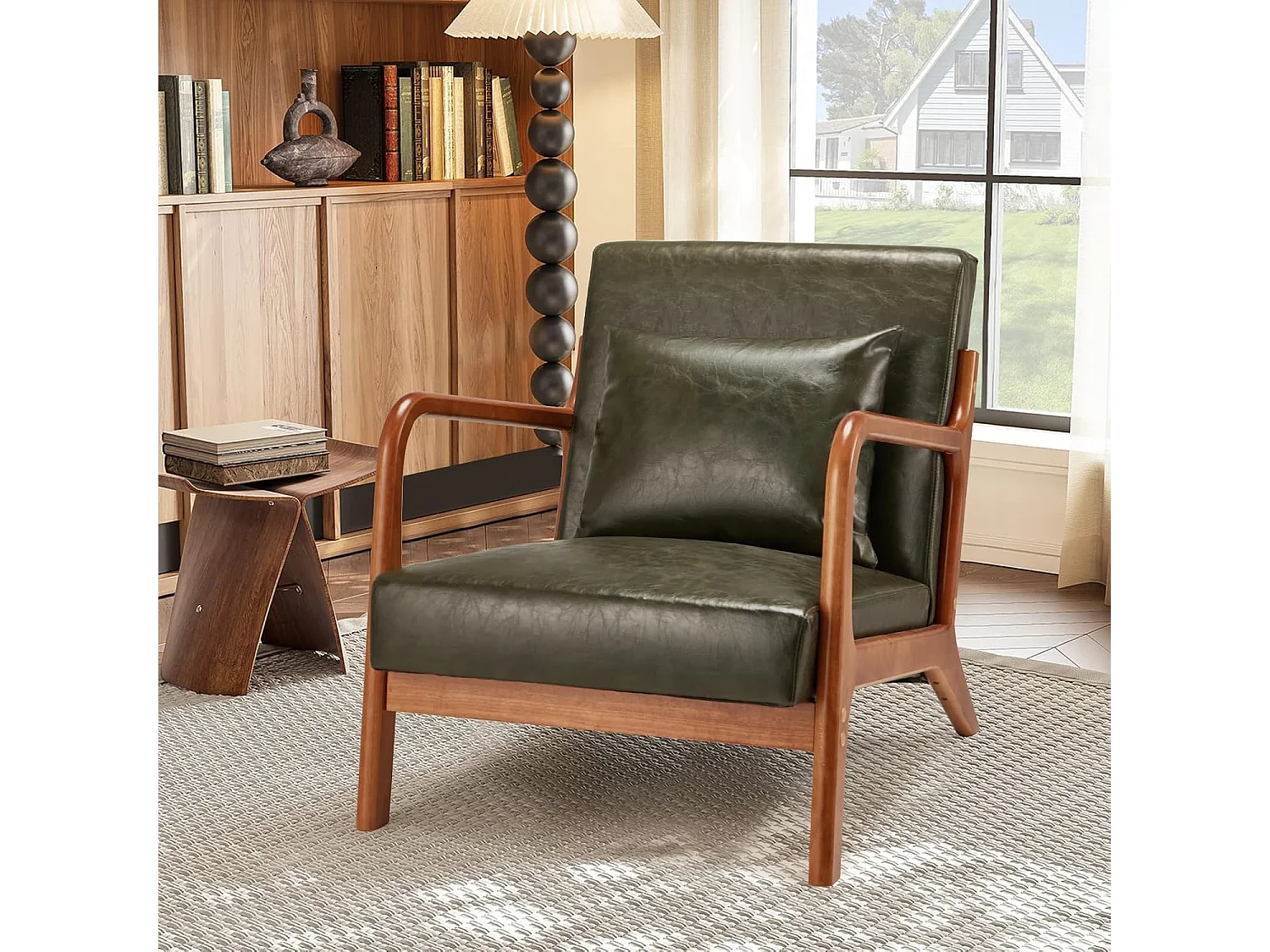 Fauteuil Lounge en Cuir Simili Vert - Structure Bois Hévéa - Assise Profonde et Accoudoirs