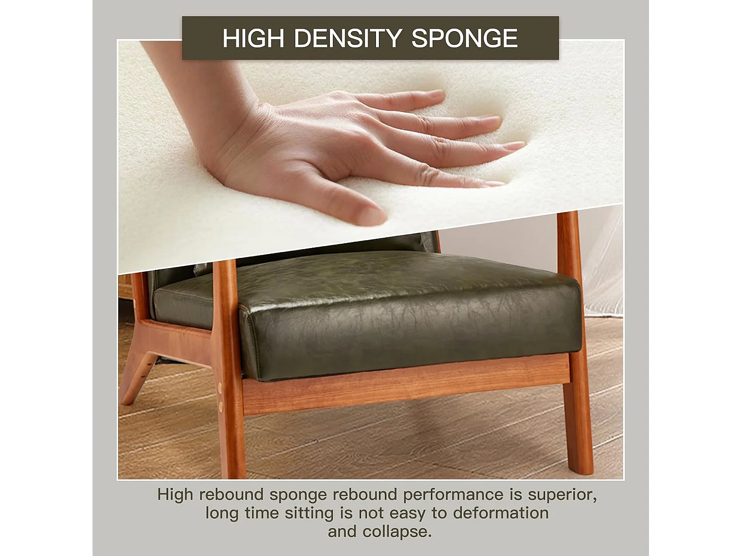 Fauteuil Lounge en Cuir Simili Vert - Structure Bois Hévéa - Assise Profonde et Accoudoirs