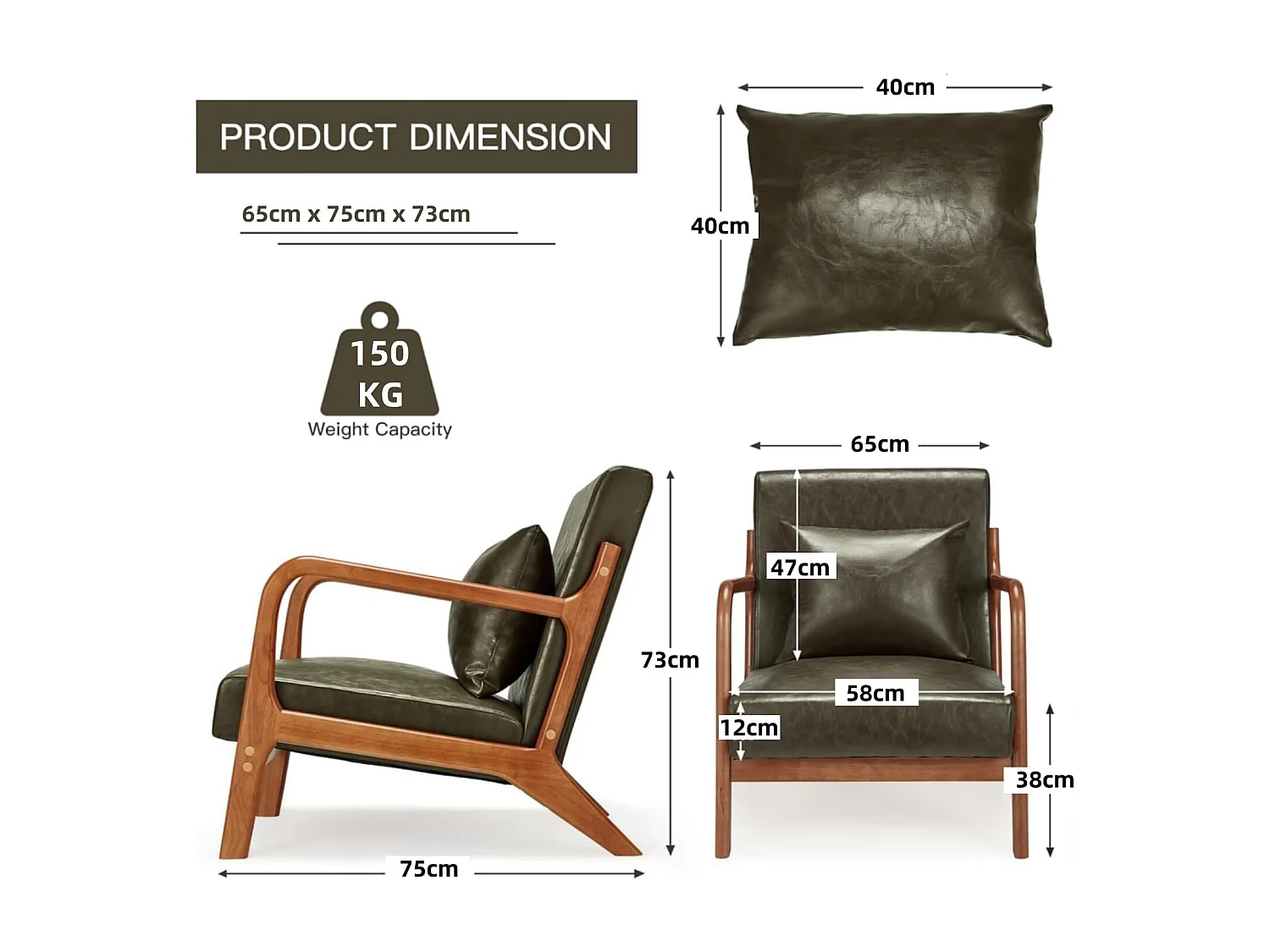 Fauteuil Lounge en Cuir Simili Vert - Structure Bois Hévéa - Assise Profonde et Accoudoirs