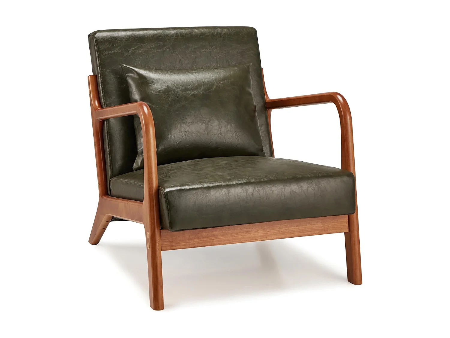 Fauteuil Lounge en Cuir Simili Vert - Structure Bois Hévéa - Assise Profonde et Accoudoirs