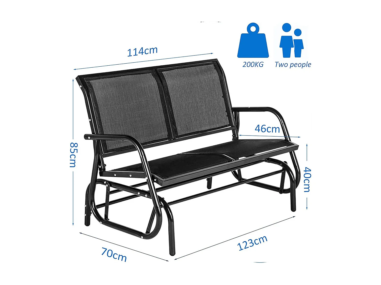Gartenbank aus Metall für 2 Personen - Sitzbank für draußen - 119 x 70 x 85 cm - Schwarz