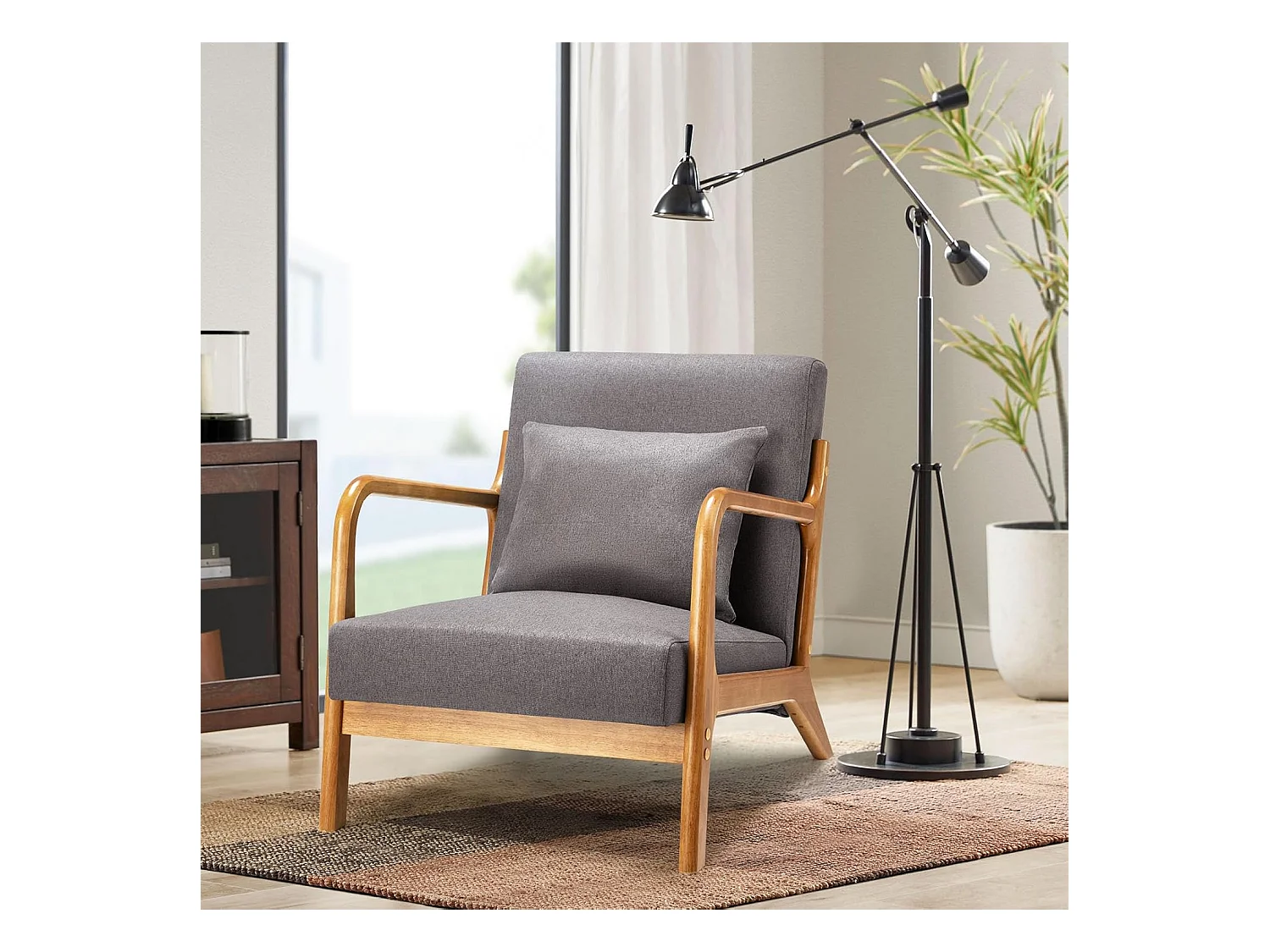 Fauteuil Lounge en Lin Gris - Structure Bois Hévéa - Assise Profonde et Accoudoirs