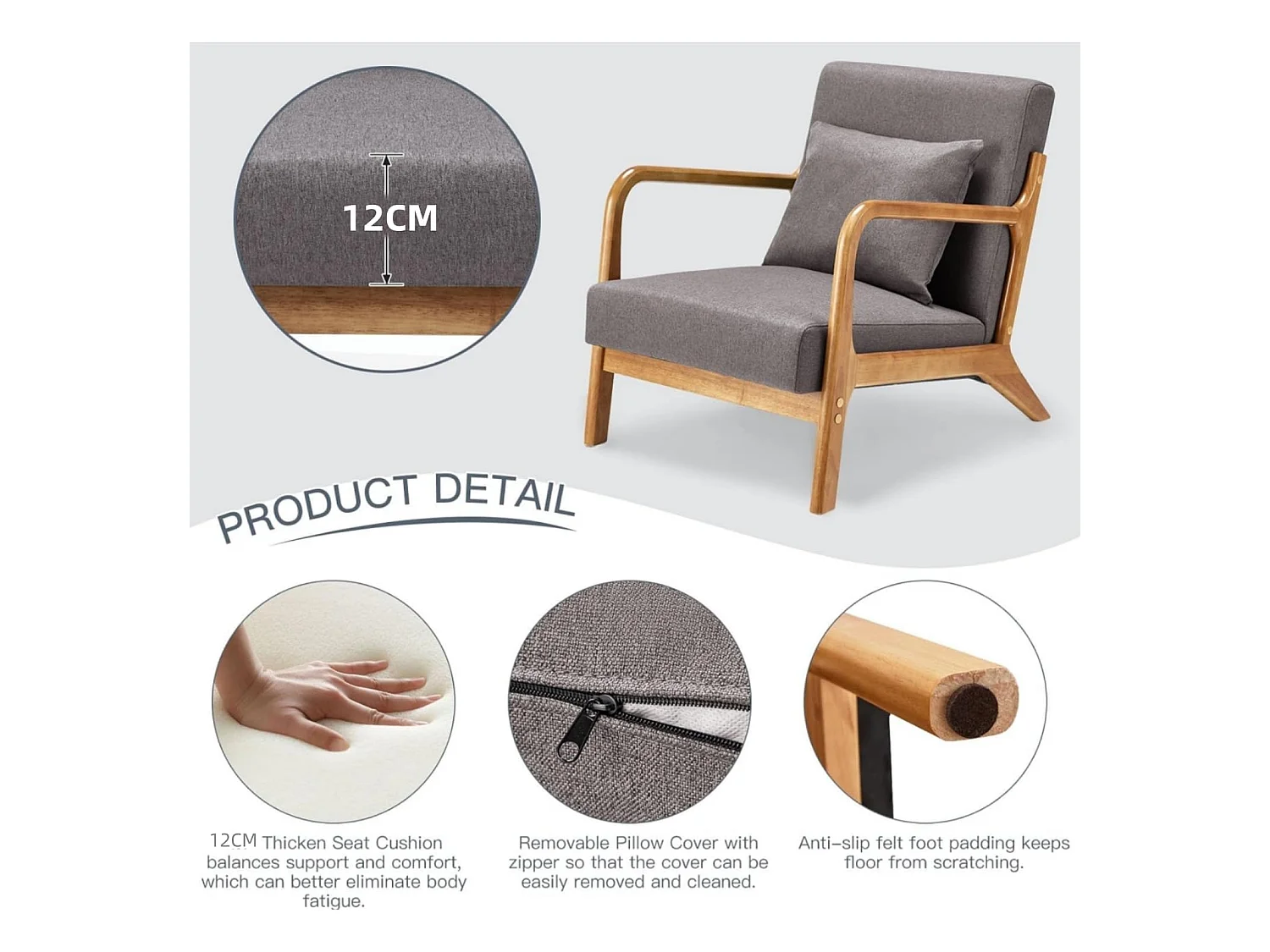 Fauteuil Lounge en Lin Gris - Structure Bois Hévéa - Assise Profonde et Accoudoirs