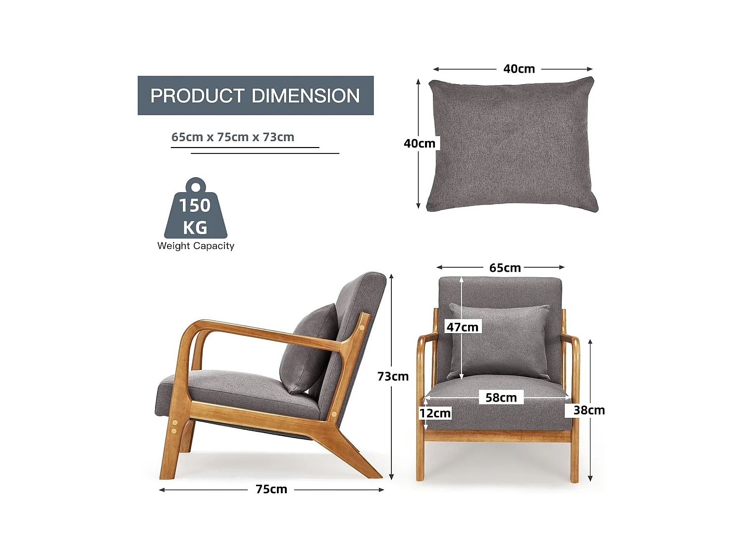 Fauteuil Lounge en Lin Gris - Structure Bois Hévéa - Assise Profonde et Accoudoirs