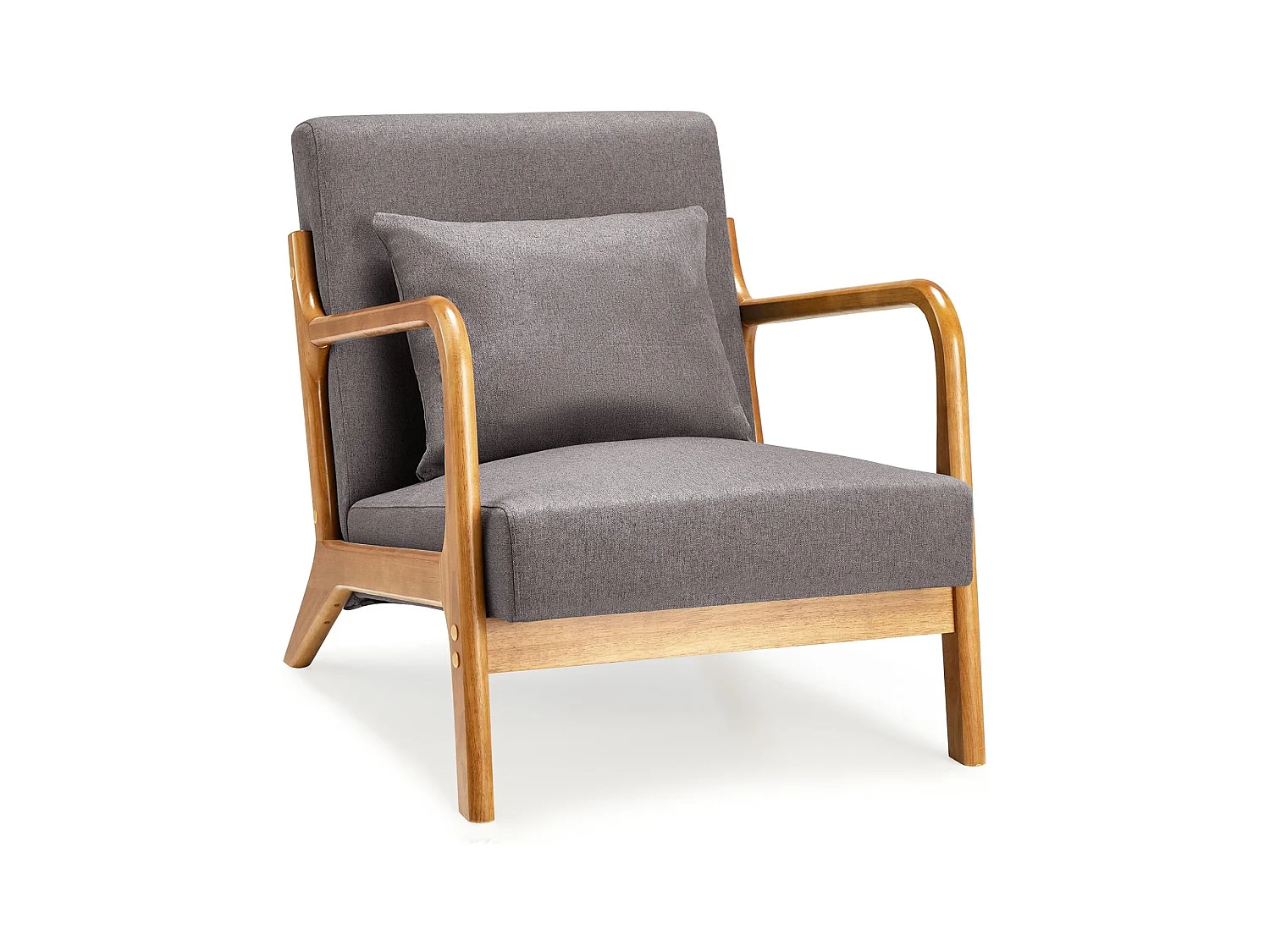 Fauteuil Lounge en Lin Gris - Structure Bois Hévéa - Assise Profonde et Accoudoirs