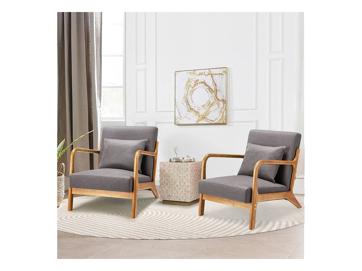 Fauteuil Lounge en Lin Gris - Structure Bois Hévéa - Assise Profonde et Accoudoirs