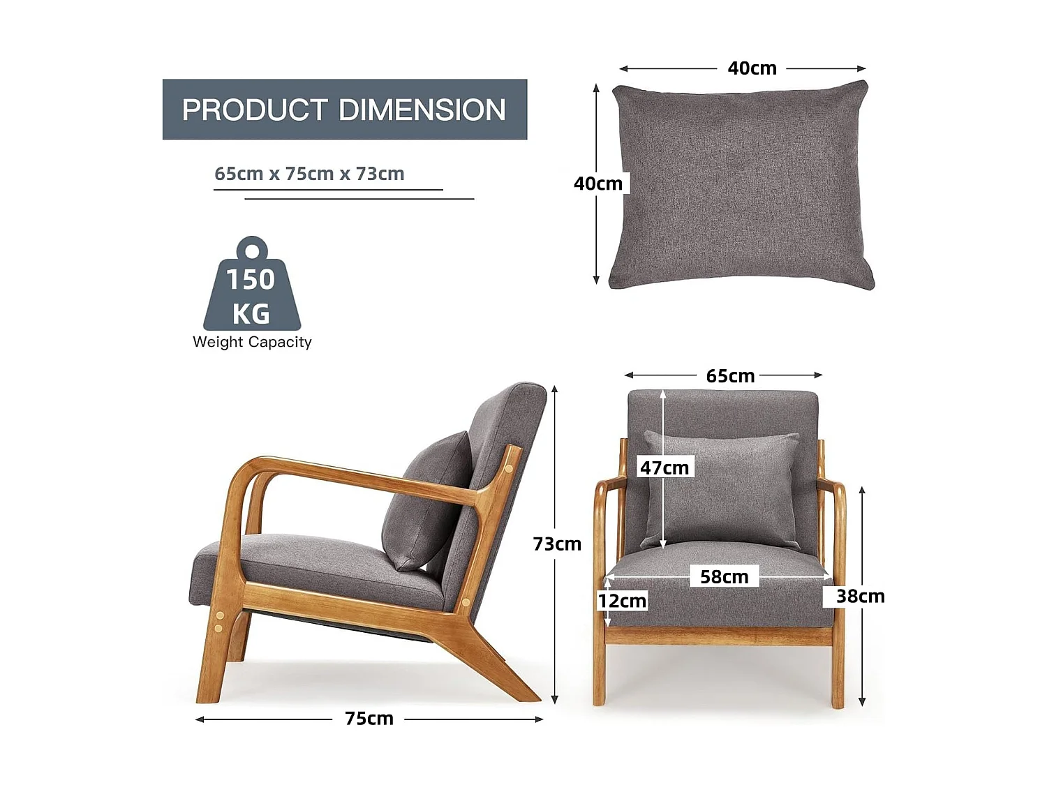 Fauteuil Lounge en Lin Gris - Structure Bois Hévéa - Assise Profonde et Accoudoirs