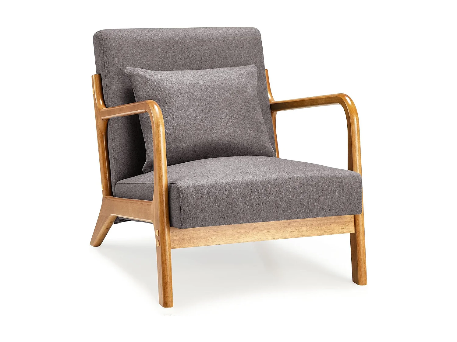 Fauteuil Lounge en Lin Gris - Structure Bois Hévéa - Assise Profonde et Accoudoirs