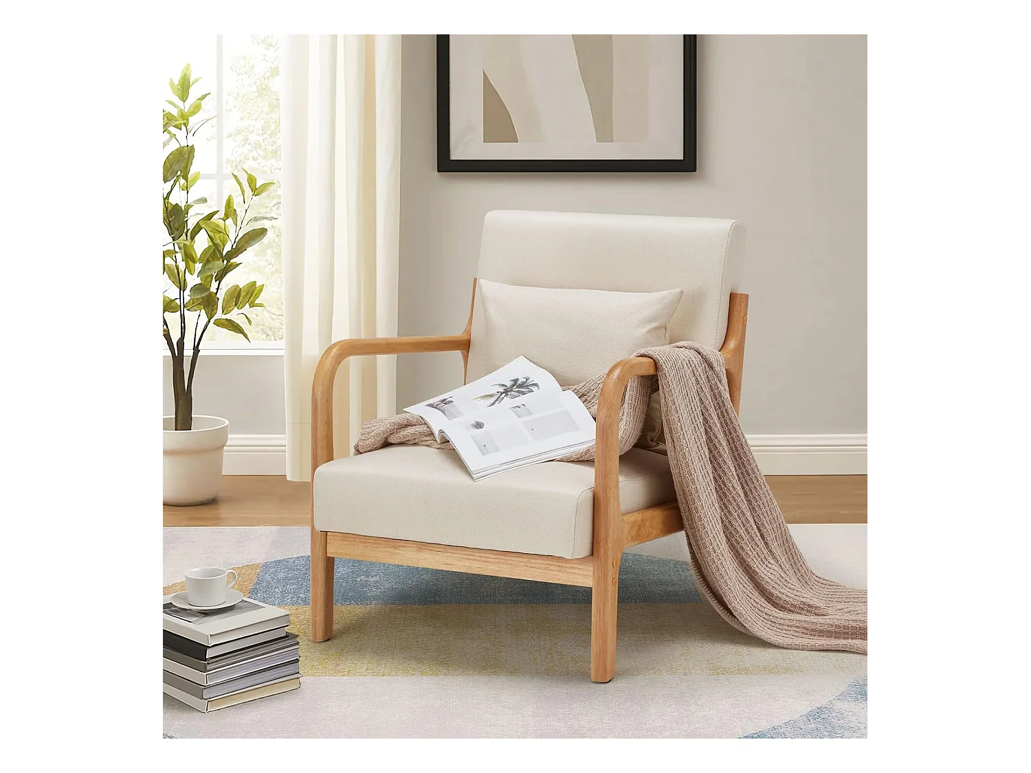 Fauteuil Lounge en Lin Blanc - Structure Bois Hévéa - Assise Profonde et Accoudoirs