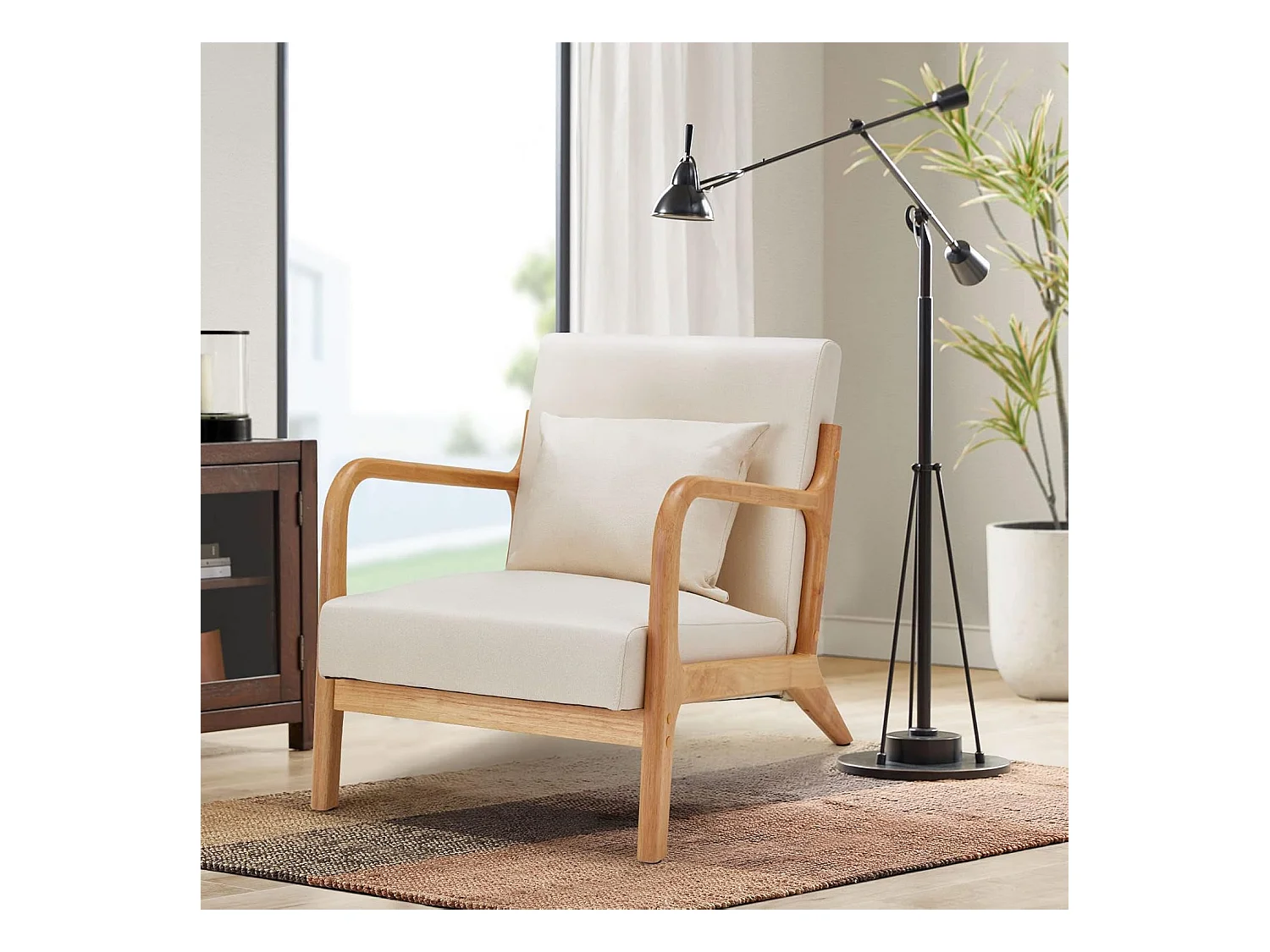 Fauteuil Lounge en Lin Blanc - Structure Bois Hévéa - Assise Profonde et Accoudoirs