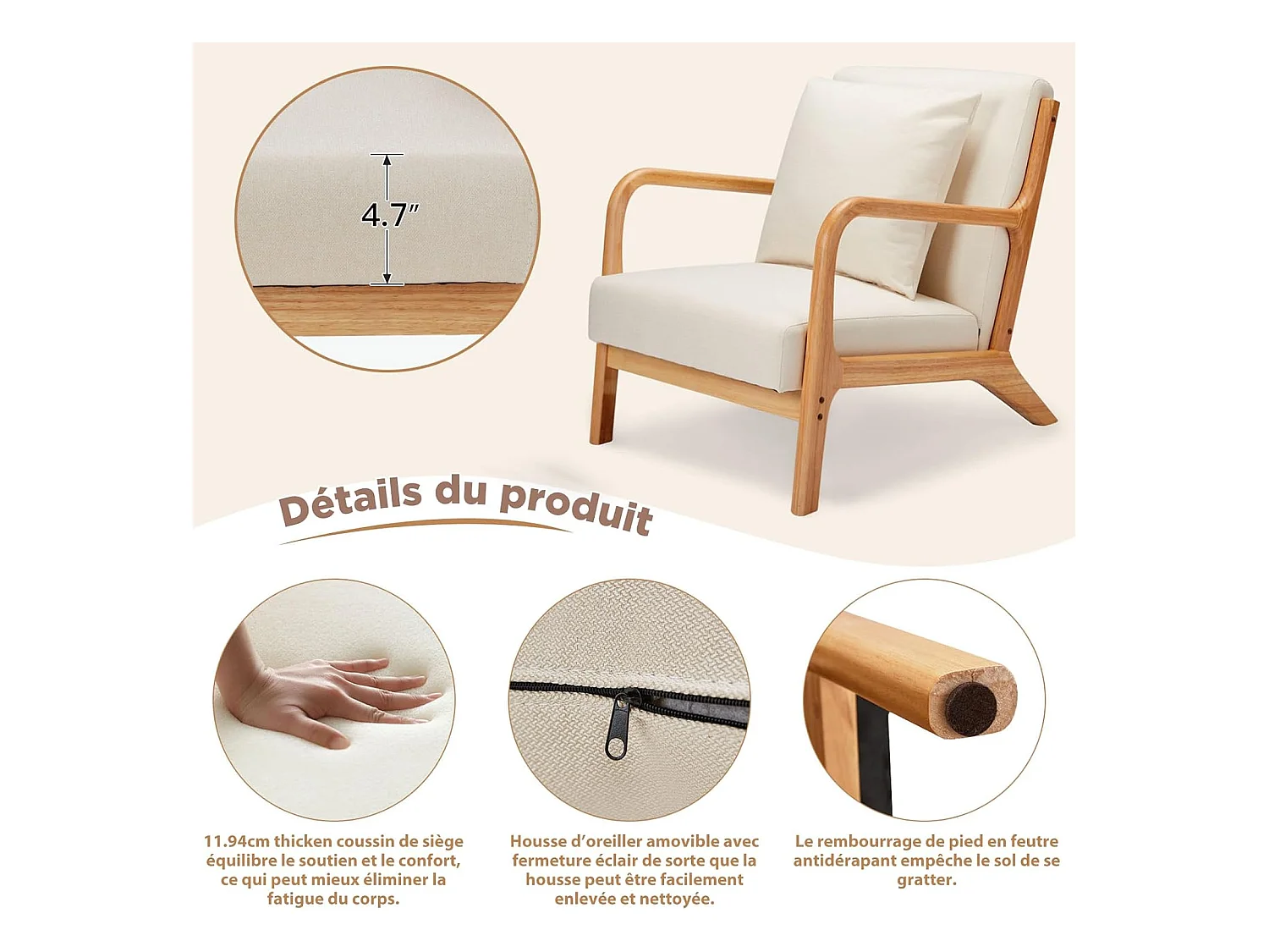 Fauteuil Lounge en Lin Blanc - Structure Bois Hévéa - Assise Profonde et Accoudoirs
