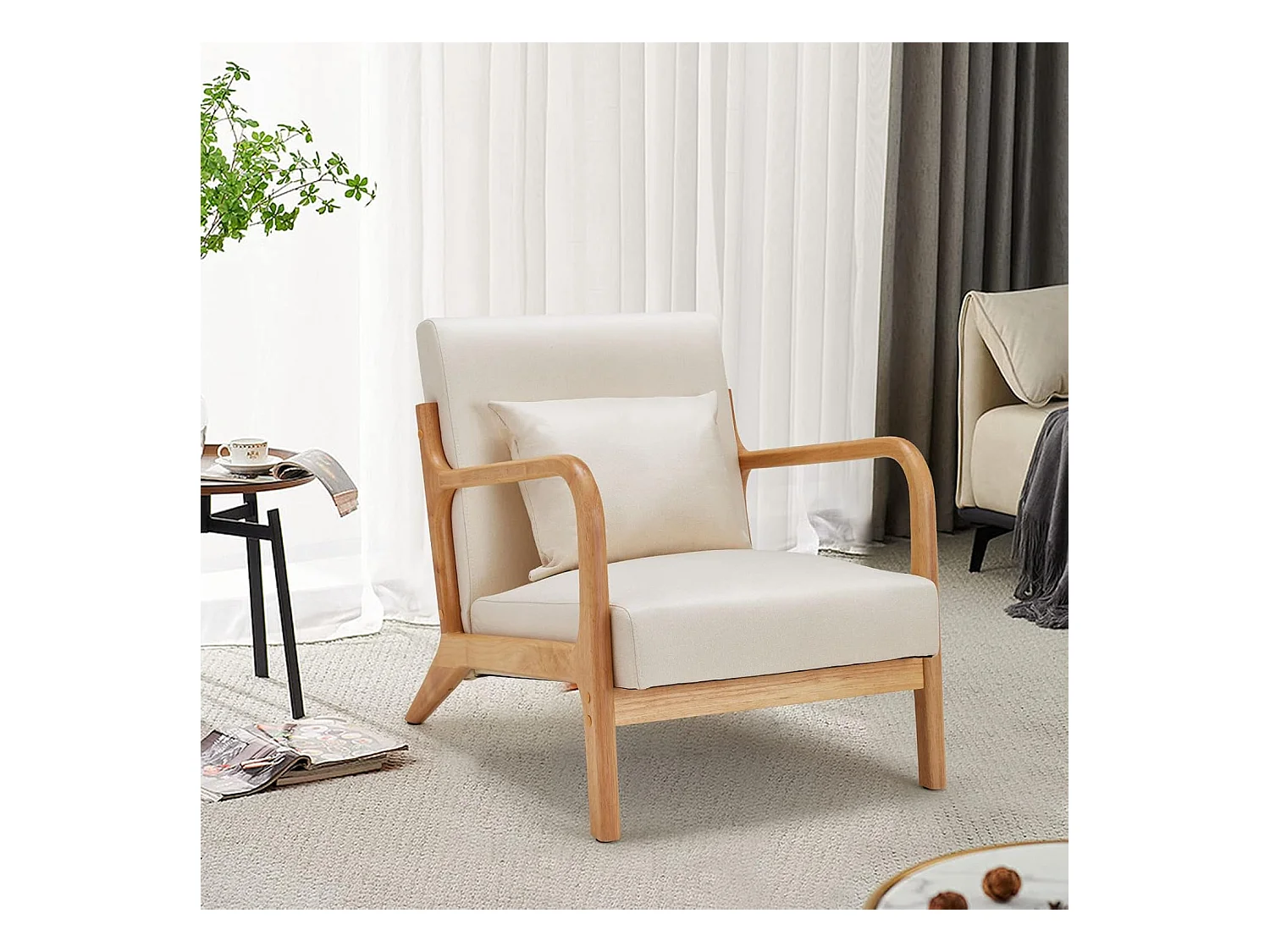 Fauteuil Lounge en Lin Blanc - Structure Bois Hévéa - Assise Profonde et Accoudoirs