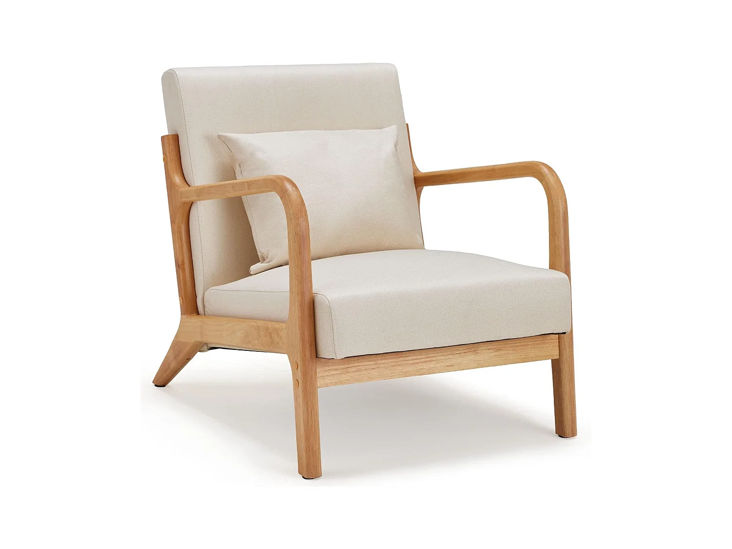 Fauteuil Lounge en Lin Blanc - Structure Bois Hévéa - Assise Profonde et Accoudoirs