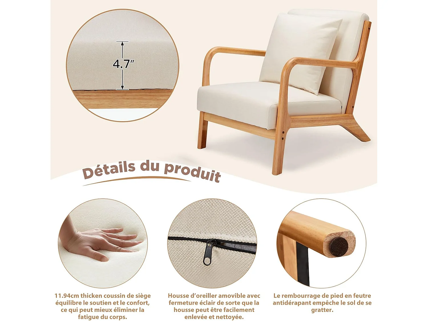 Fauteuil Lounge en Lin Blanc - Structure Bois Hévéa - Assise Profonde et Accoudoirs