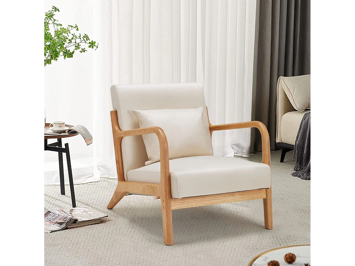 Fauteuil Lounge en Lin Blanc - Structure Bois Hévéa - Assise Profonde et Accoudoirs