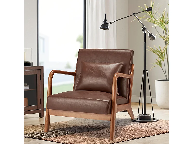 Fauteuil Lounge en Cuir Simili Marron - Structure Bois Hévéa - Assise Profonde et Accoudoirs