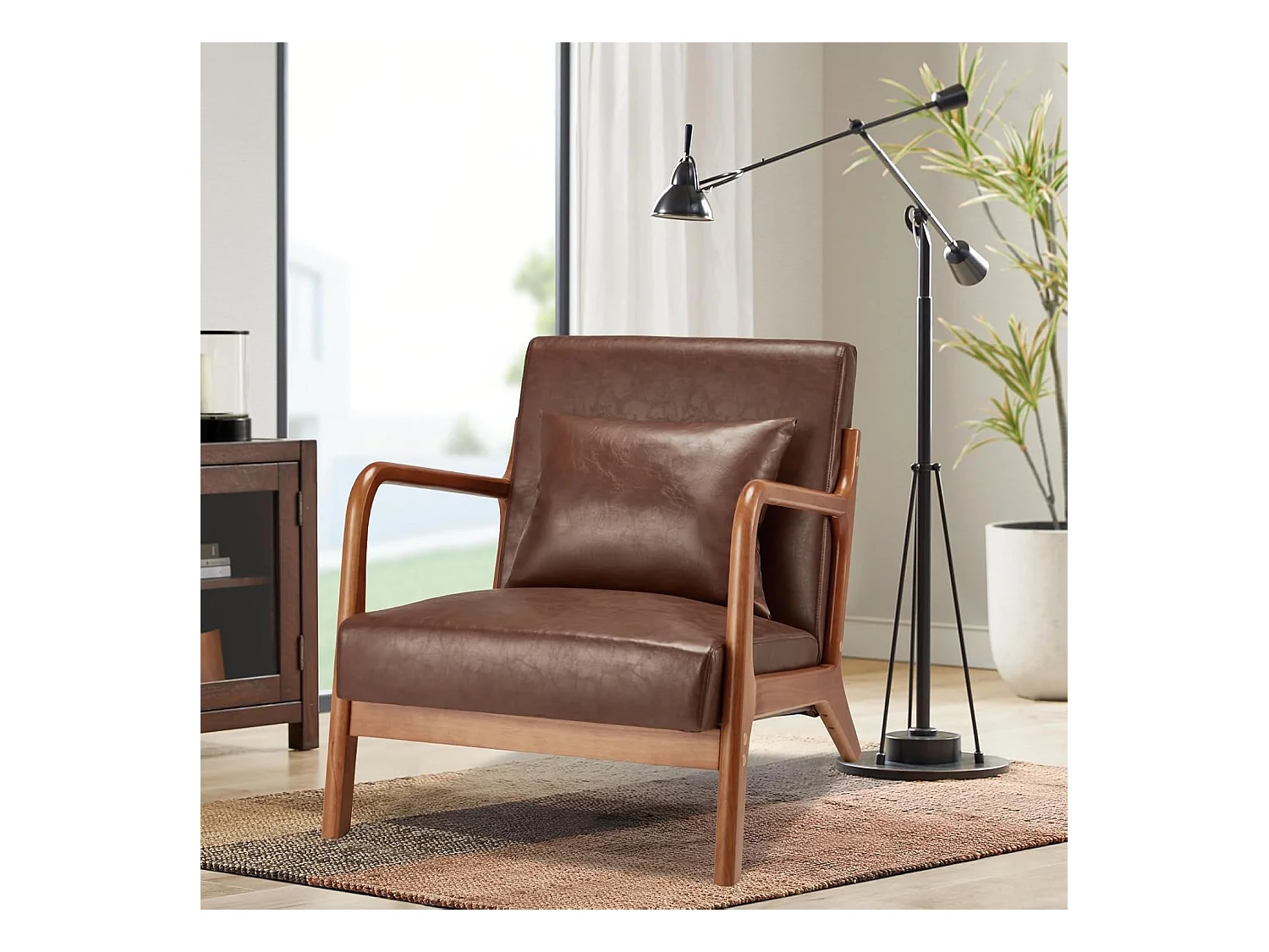 Fauteuil Lounge en Cuir Simili Marron - Structure Bois Hévéa - Assise Profonde et Accoudoirs