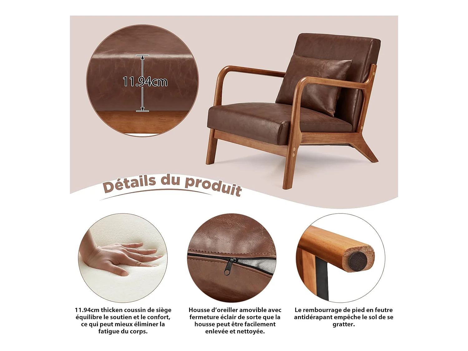 Fauteuil Lounge en Cuir Simili Marron - Structure Bois Hévéa - Assise Profonde et Accoudoirs