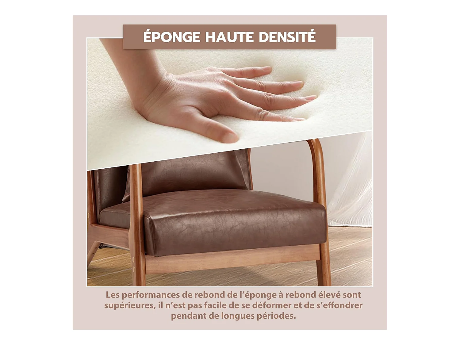 Fauteuil Lounge en Cuir Simili Marron - Structure Bois Hévéa - Assise Profonde et Accoudoirs