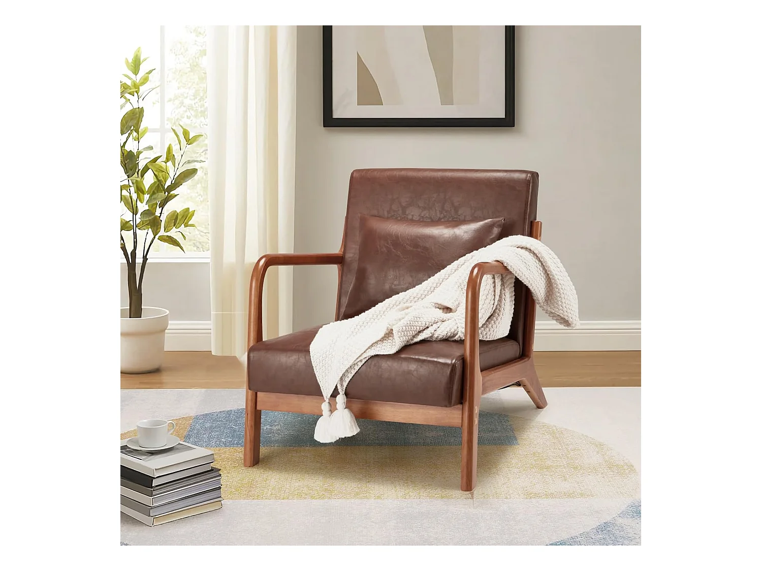 Fauteuil Lounge en Cuir Simili Marron - Structure Bois Hévéa - Assise Profonde et Accoudoirs