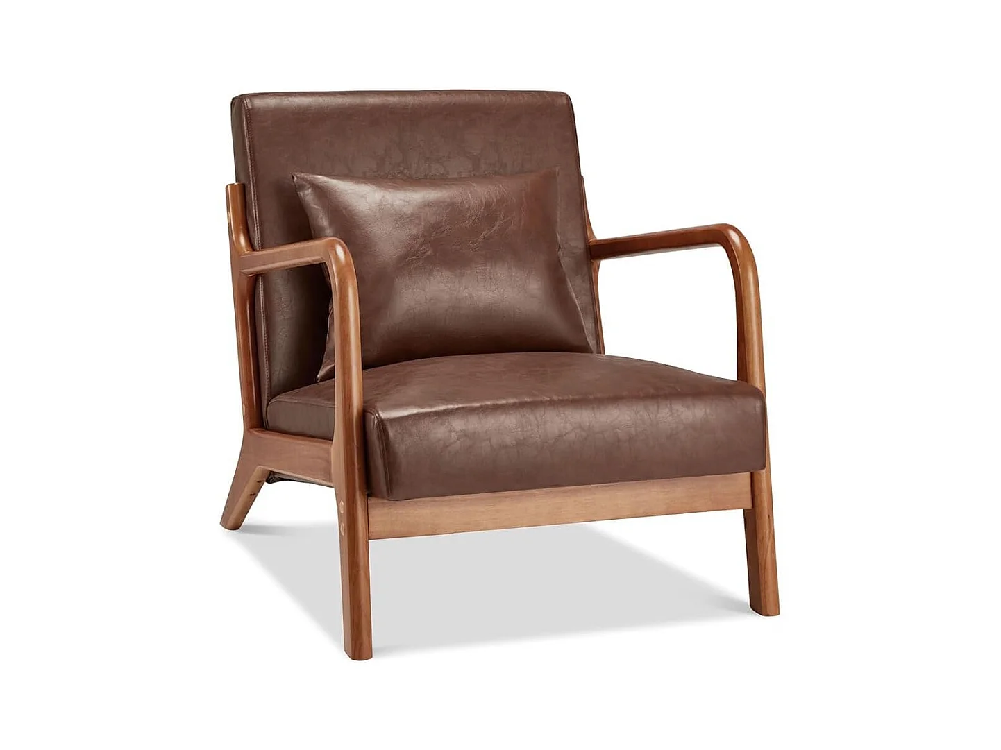 Fauteuil Lounge en Cuir Simili Marron - Structure Bois Hévéa - Assise Profonde et Accoudoirs