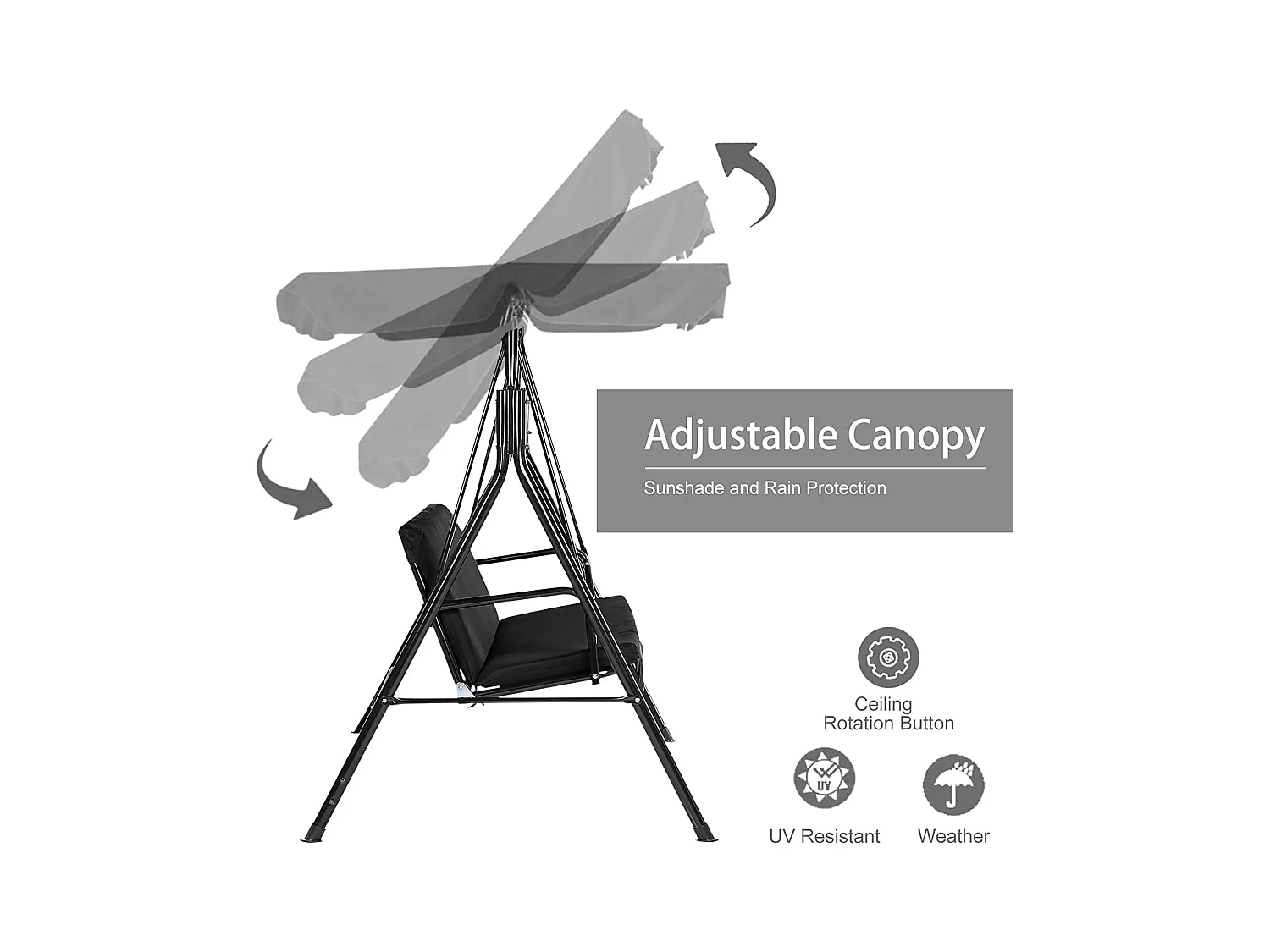 YODOLLA Balancelle de Jardin 3 Places avec Auvant Réglable - 172 x 112 x 150 CM -Métal - Noir