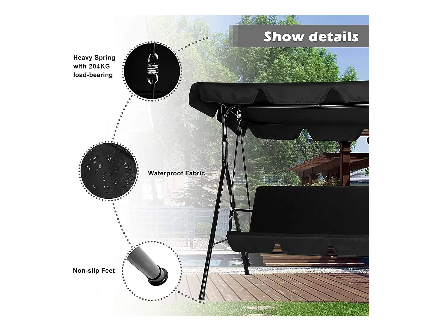 YODOLLA Balancelle de Jardin 3 Places avec Auvant Réglable - 172 x 112 x 150 CM -Métal - Noir