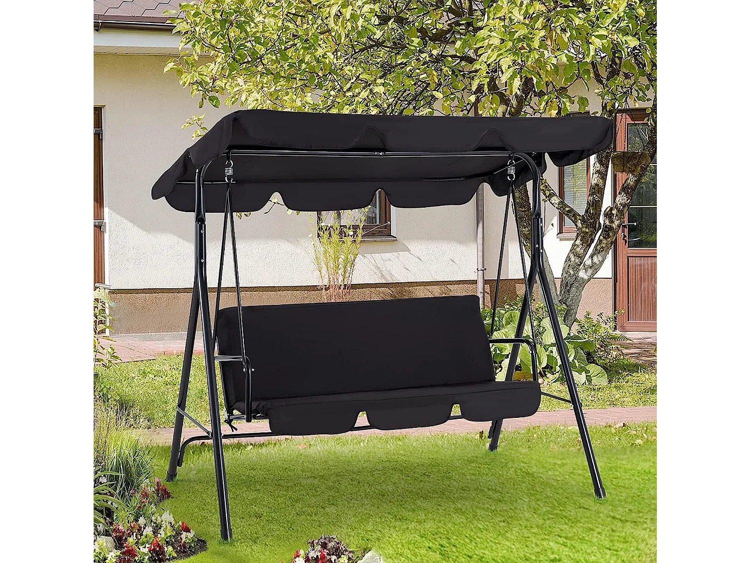 YODOLLA Balancelle de Jardin 3 Places avec Auvant Réglable - 172 x 112 x 150 CM -Métal - Noir