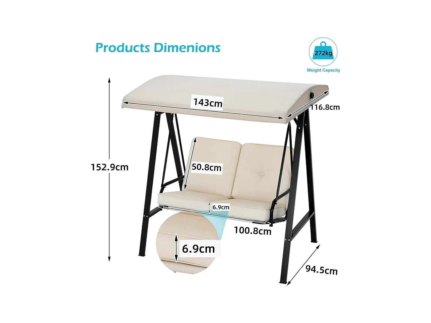 YODOLLA Balancelle de Jardin 2 Places avec Auvant Réglable et Coussins Amovible - 143 x 95 x 153 CM - Beige