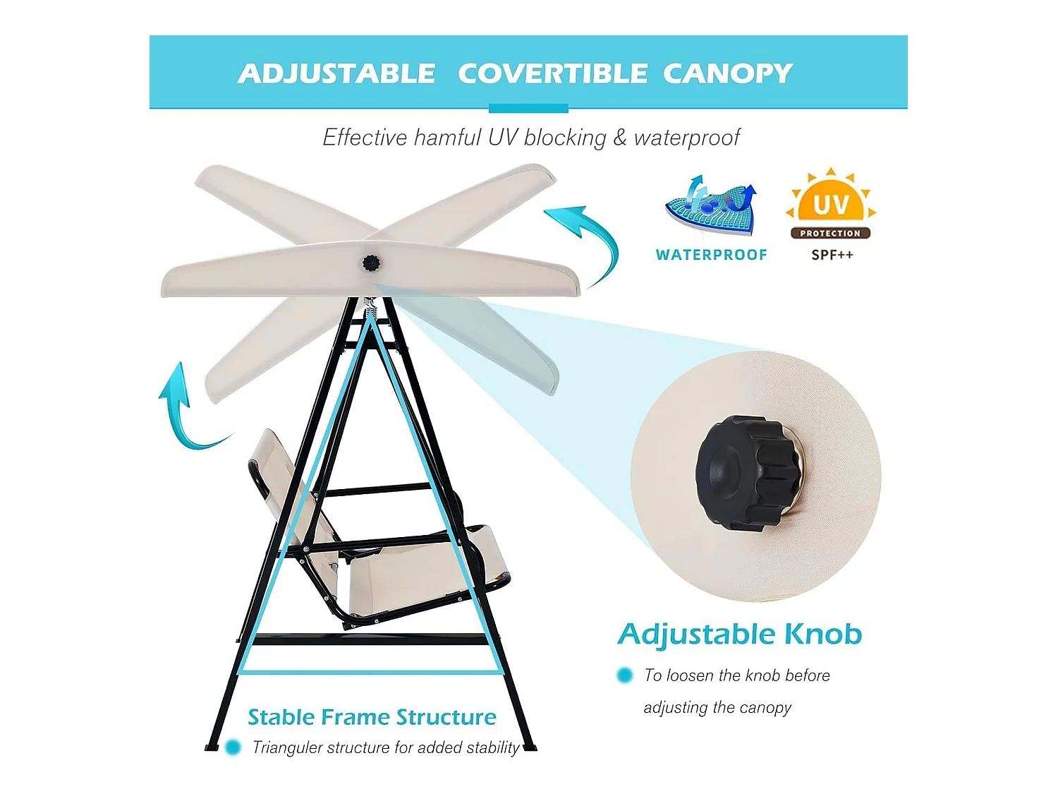 YODOLLA Balancelle de Jardin 2 Places avec Auvant Réglable et Coussins Amovible - 143 x 95 x 153 CM - Beige