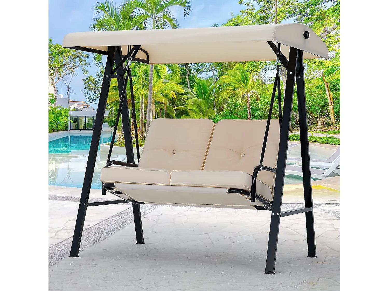 YODOLLA Balancelle de Jardin 2 Places avec Auvant Réglable et Coussins Amovible - 143 x 95 x 153 CM - Beige