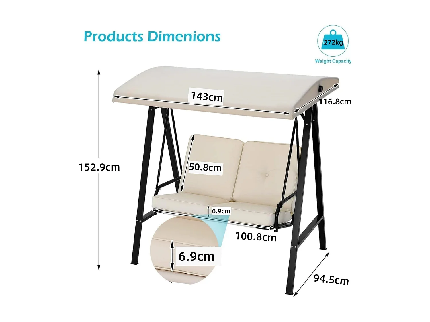 YODOLLA Balancelle de Jardin 2 Places avec Auvant Réglable et Coussins Amovible - 143 x 95 x 153 CM - Beige